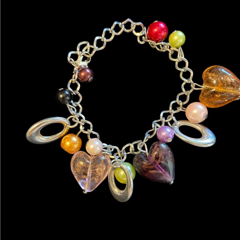 Boutique Colorful Heart Charm Bracelet | Silver Tone Chain | Y2K Pop of Color